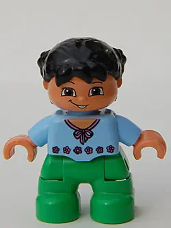 47205PB001:  Duplo Figure Lego Ville, Child Girl, Bright Green Legs, Light Blue Top with Red Flowers, Black Hair (4271511 / 4644712 / 6233812)