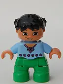 Minifigurka: 47205PB001:  Duplo Figure Lego Ville, Child Girl, Bright Green Legs, Light Blue Top with Red Flowers, Black Hair (4271511 / 4644712 / 6233812)