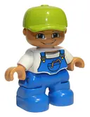 Minifigurka: 47205PB002:  Duplo Figure Lego Ville, Child Boy, Blue Legs, White Top with Blue Overalls, Worms in Pocket, Lime Cap (4251086, 6233829)