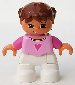 47205PB008:  Duplo Figure Lego Ville, Child Girl, White Legs, Bright Pink Top, Dark Pink Arms, Reddish Brown Hair with Braids