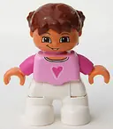 Minifigurka: 47205PB008:  Duplo Figure Lego Ville, Child Girl, White Legs, Bright Pink Top, Dark Pink Arms, Reddish Brown Hair with Braids