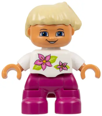 47205PB010:  Duplo Figure Lego Ville, Child Girl, Magenta Legs, White Top with Two Flowers, White Arms, Tan Hair (4521596, 6012989, 6228505)