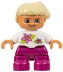 Minifigurka: 47205PB010:  Duplo Figure Lego Ville, Child Girl, Magenta Legs, White Top with Two Flowers, White Arms, Tan Hair (4521596, 6012989, 6228505)