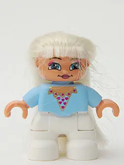 47205PB017:  Duplo Figure Lego Ville, Child Girl, White Legs, Bright Light Blue Top with Heart Pattern, Blond Hair (Princess) (4500263)