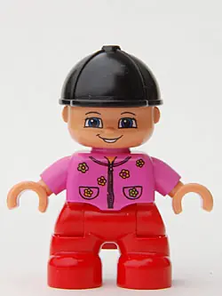 47205PB018:  Duplo Figure Lego Ville, Child Girl, Red Legs, Dark Pink Top with Flowers, Black Riding Helmet