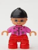 Minifigurka: 47205PB018:  Duplo Figure Lego Ville, Child Girl, Red Legs, Dark Pink Top with Flowers, Black Riding Helmet