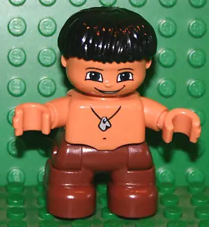 47205PB019:  Duplo Figure Lego Ville, Child Boy, Reddish Brown Legs, Black Hair, Stone Necklace (Caveman) (4515402)