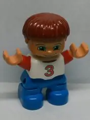 47205PB020:  Duplo Figure Lego Ville, Child Boy, Blue Legs, White Top with Red Number 3 Pattern, Dark Red Hair (6013303)