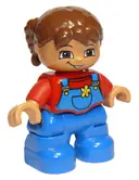 Minifigurka: 47205PB021:  Duplo Figure Lego Ville, Child Girl, Blue Legs Overalls with Yellow Flower in Pocket, Red Top, Reddish Brown Hair, Brown Eyes