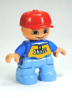 47205PB024:  Duplo Figure Lego Ville, Child Boy, Medium Blue Legs, Blue Top with 'SKATE' Pattern, Red Cap (6233829)