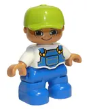 Minifigurka: 47205PB025:  Duplo Figure Lego Ville, Child Boy, Blue Legs, White Top with Blue Overalls, Lime Cap, Freckles