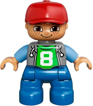 47205PB026:  Duplo Figure Lego Ville, Child Boy, Blue Legs, Light Bluish Gray Top with Number 8, Medium Blue Arms, Red Cap, Freckles (6024623)