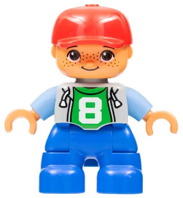 47205PB026A:  Duplo Figure Lego Ville, Child Boy, Blue Legs, Light Bluish Gray Top with Number 8, Medium Blue Arms, Red Cap, Freckles, Oval Eyes (6179295, 6233836)