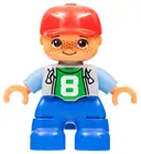 Minifigurka: 47205PB026A:  Duplo Figure Lego Ville, Child Boy, Blue Legs, Light Bluish Gray Top with Number 8, Medium Blue Arms, Red Cap, Freckles, Oval Eyes (6179295, 6233836)