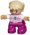 Minifigurka: 47205PB028:  Duplo Figure Lego Ville, Child Girl, Magenta Legs, Bright Pink Top with Flowers, White Arms, Tan Hair with Braids