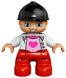 47205PB029:  Duplo Figure Lego Ville, Child Girl, Red Legs, White Top with Heart, Black Riding Helmet (6024192)