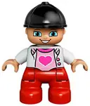Minifigurka: 47205PB029:  Duplo Figure Lego Ville, Child Girl, Red Legs, White Top with Heart, Black Riding Helmet (6024192)