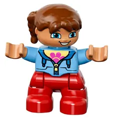 47205PB030:  Duplo Figure Lego Ville, Child Girl, Red Legs, Medium Blue Jacket over Shirt with Flower, Reddish Brown Pigtails