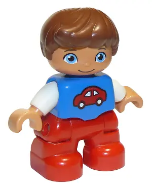 47205PB031:  Duplo Figure Lego Ville, Child Boy, Red Legs, Blue Top with Red Car Pattern, Reddish Brown Hair