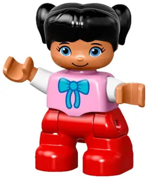 47205PB032:  Duplo Figure Lego Ville, Child Girl, Red Legs, Bright Pink Top with Bow Tie, Black Hair with Pigtails