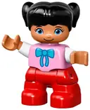 Minifigurka: 47205PB032:  Duplo Figure Lego Ville, Child Girl, Red Legs, Bright Pink Top with Bow Tie, Black Hair with Pigtails