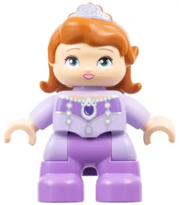 47205PB033:  Duplo Figure Lego Ville, Child Girl, Medium Lavender Legs, Lavender Top, Dark Orange Hair with Tiara, Princess Sofia (6099601)