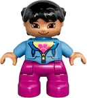 Minifigurka: 47205PB035:  Duplo Figure Lego Ville, Child Girl, Magenta Legs, Medium Blue Jacket over Shirt with Flower, Black Pigtails