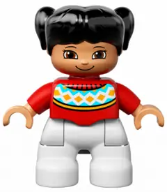 47205PB036:  Duplo Figure Lego Ville, Child Girl, White Legs, Red Fair Isle Sweater with Orange Diamonds, Brown Eyes with Cheeks Outline, Black Pigtails