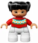 Minifigurka: 47205PB036:  Duplo Figure Lego Ville, Child Girl, White Legs, Red Fair Isle Sweater with Orange Diamonds, Brown Eyes with Cheeks Outline, Black Pigtails