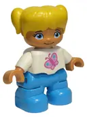 Minifigurka: 47205PB037:  Duplo Figure Lego Ville, Child Girl, Dark Azure Legs, White Top with Pink Butterfly, Yellow Hair with Pigtails (6136453 / 6228500)