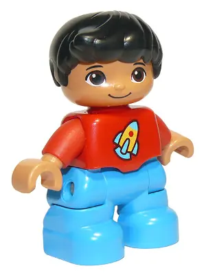47205PB038:  Duplo Figure Lego Ville, Child Boy, Dark Azure Legs, Red Top with Space Rocket Ship, Black Hair (6136449 / 6233698)