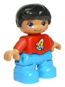 Minifigurka: 47205PB038:  Duplo Figure Lego Ville, Child Boy, Dark Azure Legs, Red Top with Space Rocket Ship, Black Hair (6136449 / 6233698)