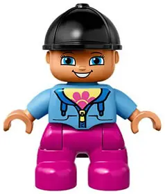 47205PB040:  Duplo Figure Lego Ville, Child Girl, Dark Pink Legs, Medium Blue Jacket with Flower Top, Black Riding Helmet (6138099)