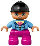 Minifigurka: 47205PB040:  Duplo Figure Lego Ville, Child Girl, Dark Pink Legs, Medium Blue Jacket with Flower Top, Black Riding Helmet (6138099)
