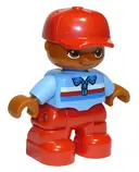 Minifigurka: 47205PB042A:  Duplo Figure Lego Ville, Child Boy, Red Legs, Medium Blue Top with Zipper and Blue, Red and White Stripes, Red Cap, Oval Eyes (6179301 / 6233837)