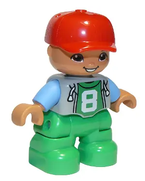 47205PB043A:  Duplo Figure Lego Ville, Child Boy, Bright Green Legs, Light Bluish Gray Top with '8' Pattern, Medium Blue Arms, Red Cap, Oval Eyes