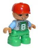Minifigurka: 47205PB043A:  Duplo Figure Lego Ville, Child Boy, Bright Green Legs, Light Bluish Gray Top with '8' Pattern, Medium Blue Arms, Red Cap, Oval Eyes