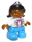 Minifigurka: 47205PB045:  Duplo Figure Lego Ville, Child Girl, Dark Azure Legs, White Top with Dark Pink Undershirt with Bunny Rabbit Head, Black Hair with Dark Pink Band, Green Eyes (6174731, 6228497)