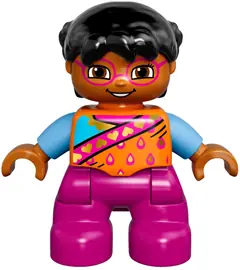 47205PB046:  Duplo Figure Lego Ville, Child Girl, Magenta Legs and Glasses, Orange Top, Black Hair