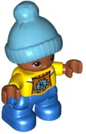 47205PB047:  Duplo Figure Lego Ville, Child Boy, Blue Legs, Yellow Top, Medium Azure Bobble Cap