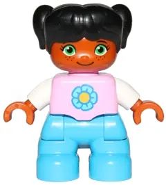47205PB050:  Duplo Figure Lego Ville, Child Girl, Dark Azure Legs, Bright Pink Top with Yellow and Dark Azure Flower, Black Hair with Pigtails (6233702)
