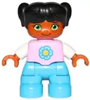 Minifigurka: 47205PB050:  Duplo Figure Lego Ville, Child Girl, Dark Azure Legs, Bright Pink Top with Yellow and Dark Azure Flower, Black Hair with Pigtails (6233702)