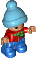 Minifigurka: 47205PB051:  Duplo Figure Lego Ville, Child Boy, Blue Legs, Red Top with Scarf and Zipper Pattern, Freckles, Brown Eyes, Medium Azure Bobble Cap (6228502)