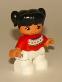 Minifigurka: 47205PB052:  Duplo Figure Lego Ville, Child Girl, White Legs, Red Fair Isle Sweater with Orange Diamonds, Brown Oval Eyes, Black Pigtails