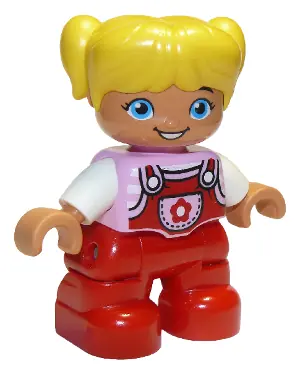 47205PB053:  Duplo Figure Lego Ville, Child Girl, Red Legs, Bright Pink Top with Flower on Pocket, White Arms, Yellow Hair (6188842)
