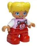 Minifigurka: 47205PB053:  Duplo Figure Lego Ville, Child Girl, Red Legs, Bright Pink Top with Flower on Pocket, White Arms, Yellow Hair (6188842)