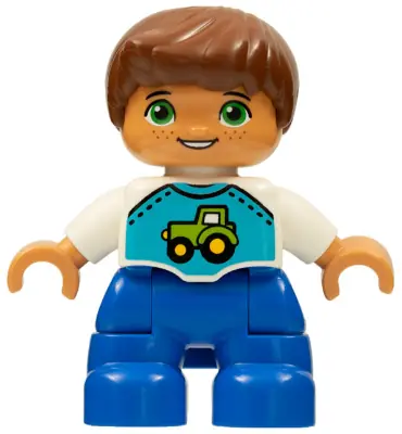 47205PB055:  Duplo Figure Lego Ville, Child Boy, Blue Legs, White Top with Tractor Pattern, Reddish Brown Hair
