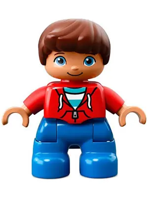 47205PB056:  Duplo Figure Lego Ville, Child Boy, Blue Legs, Red Top with Zipper and Pockets, Reddish Brown Hair