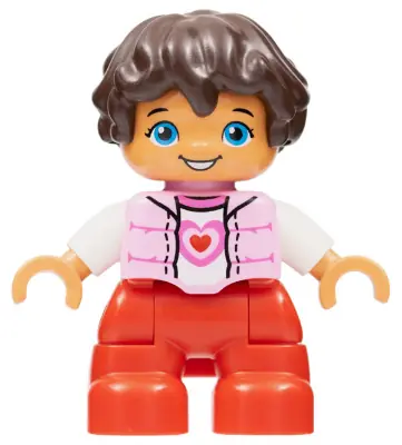 47205PB057:  Duplo Figure Lego Ville, Child Girl, Red Legs, Bright Pink Top with Heart Pattern, White Arms, Reddish Brown Hair