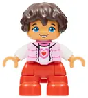 Minifigurka: 47205PB057:  Duplo Figure Lego Ville, Child Girl, Red Legs, Bright Pink Top with Heart Pattern, White Arms, Reddish Brown Hair